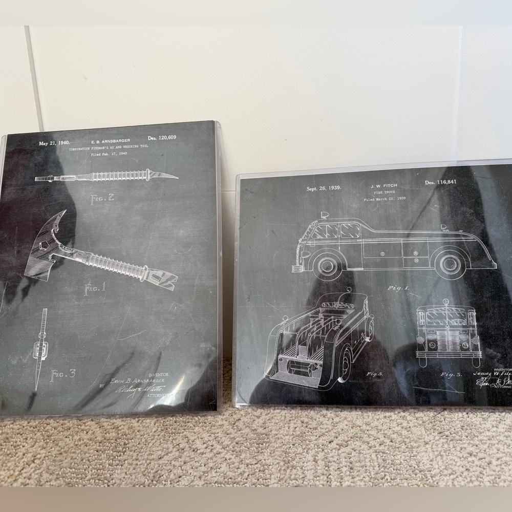 Set of Prints - Vintage Fire Truck & Fire Ax Blueprint Art